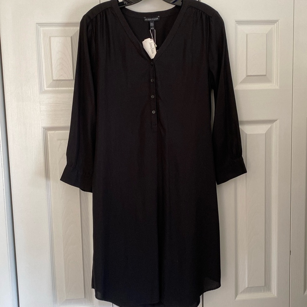 Eileen Fisher Black Tencel 3/4 Sleeve Button V-Neck Shirtdress